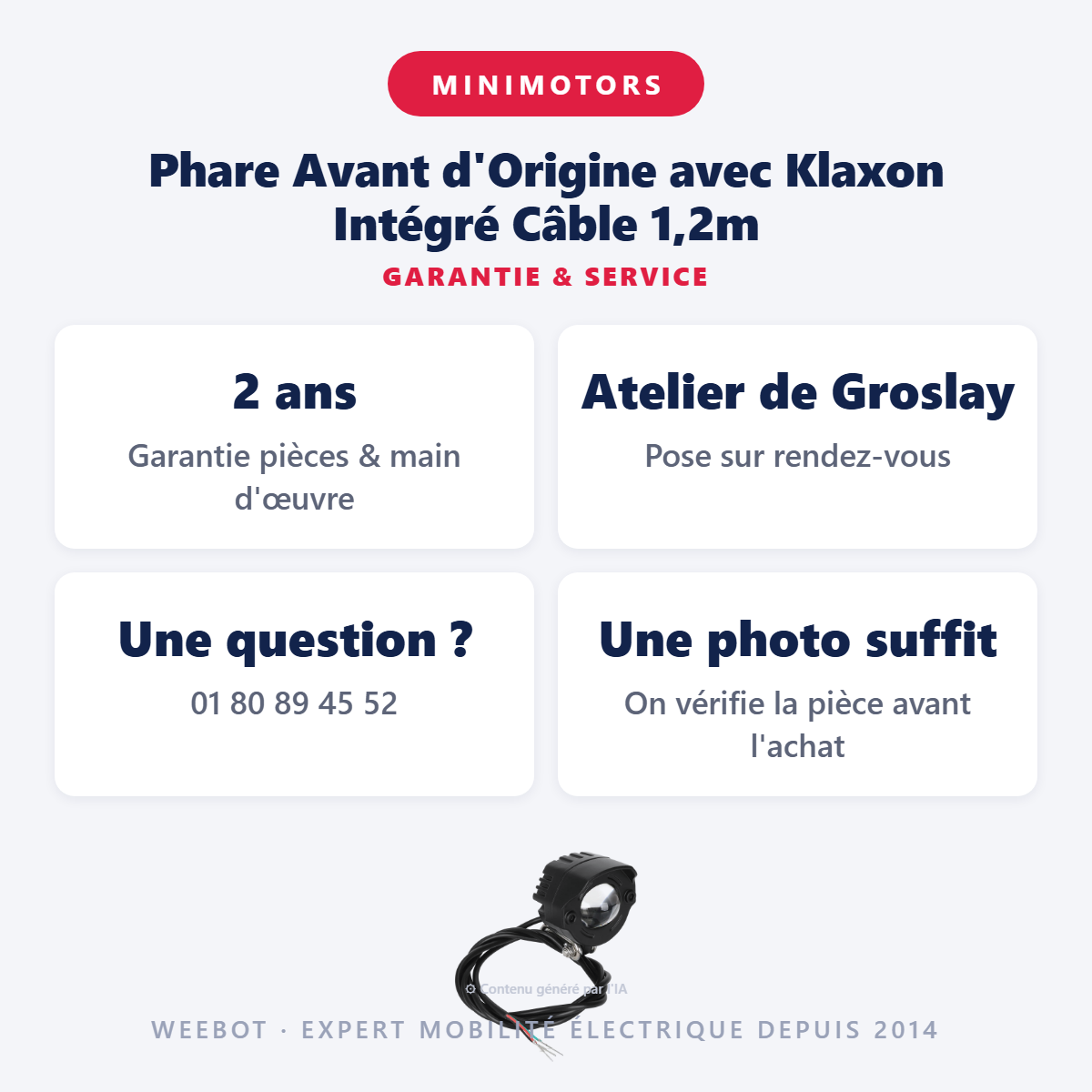 Phare Avant d'Origine avec Klaxon Intégré Câble 1,2m : garantie 2 ans et service après-vente