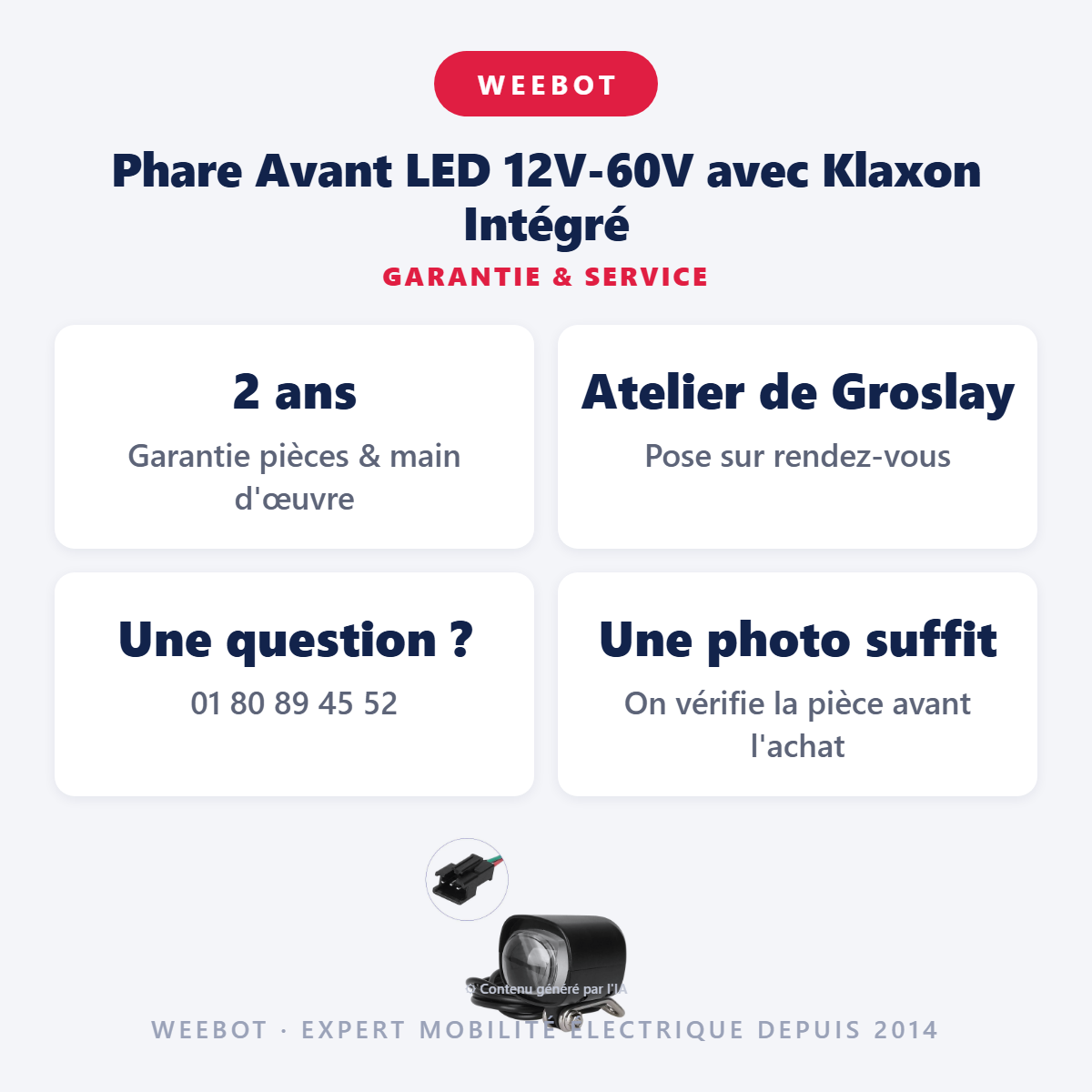 Phare Avant LED 12V-60V avec Klaxon Intégré : garantie 2 ans et service après-vente