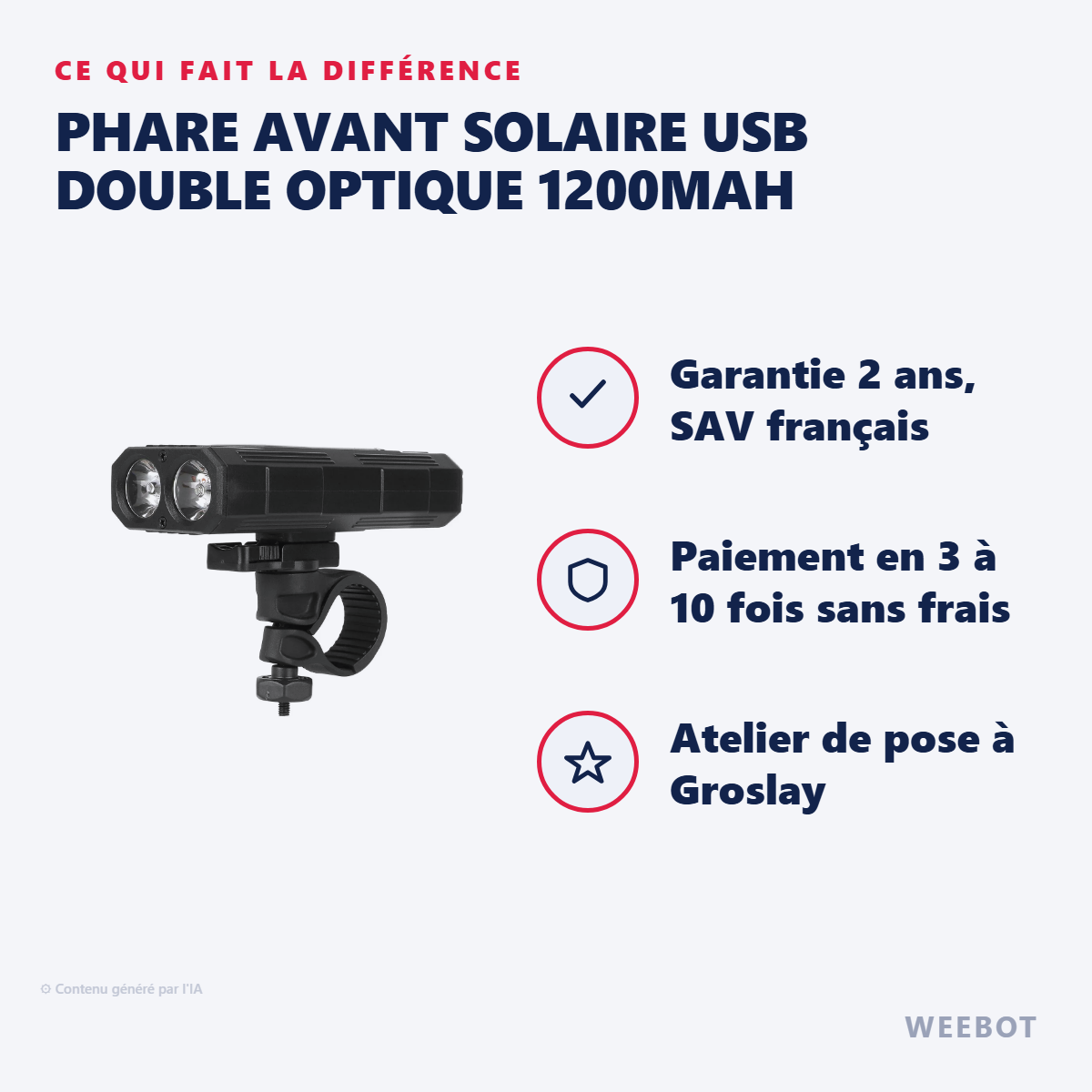 Phare Avant Solaire USB Double Optique 1200mAh : les points forts