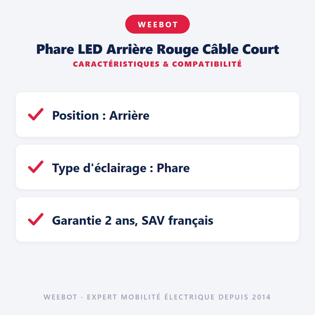 Phare LED Arrière Rouge  Câble Court : caractéristiques et compatibilité
