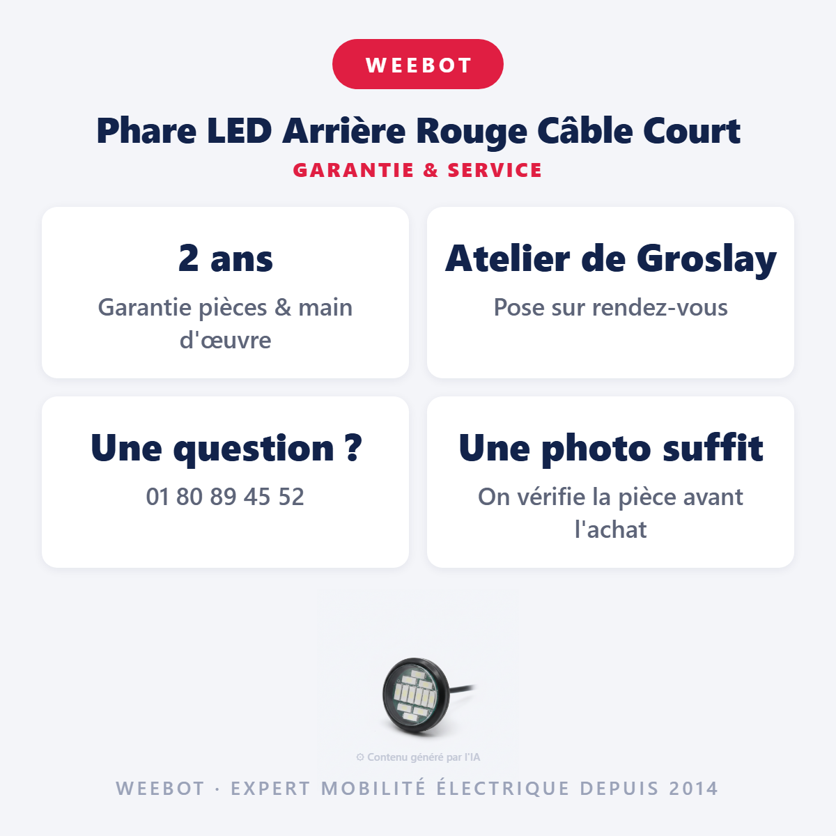 Phare LED Arrière Rouge  Câble Court : garantie 2 ans et service après-vente