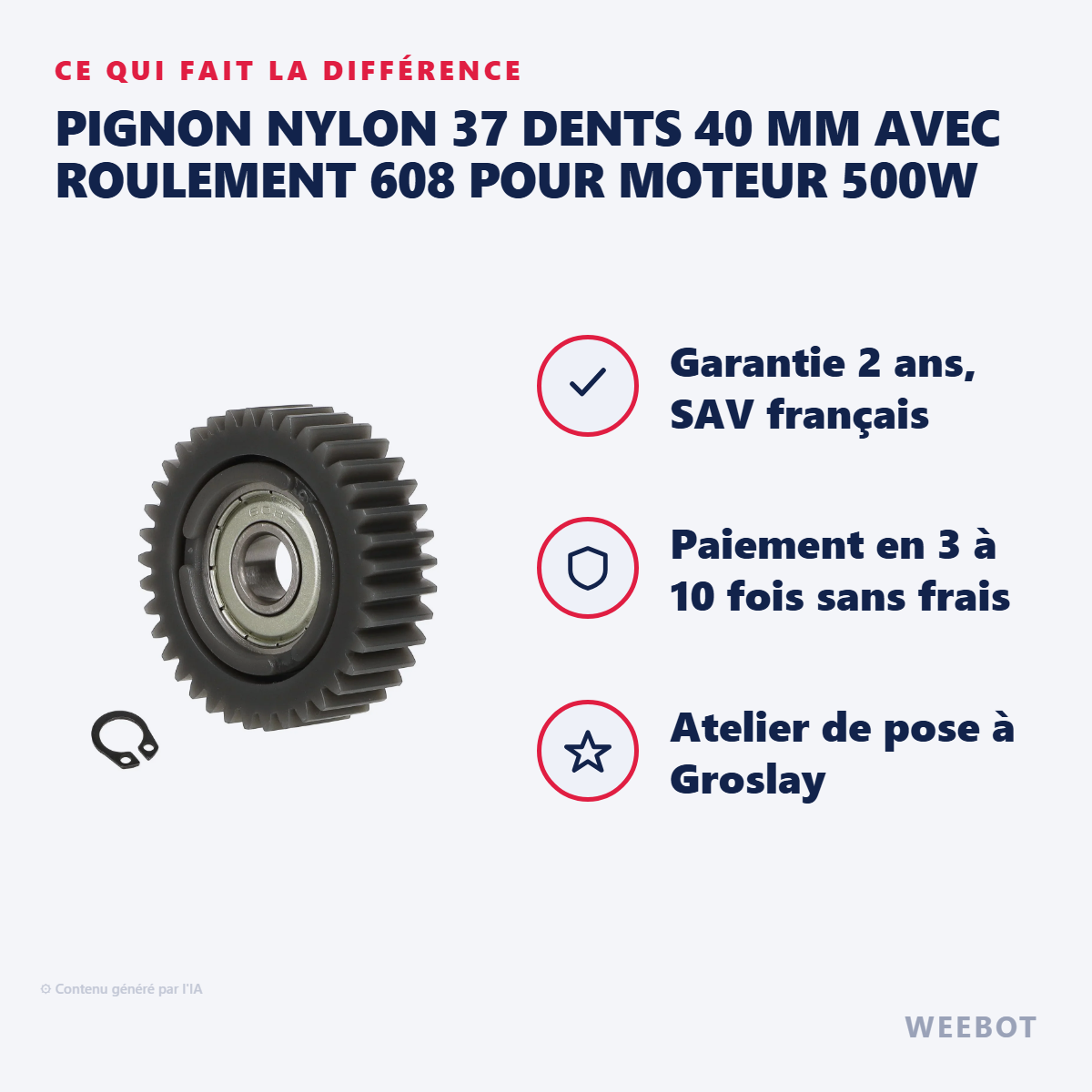 Pignon Nylon 37 Dents 40 mm avec Roulement 608 pour Moteur 500W : les points forts