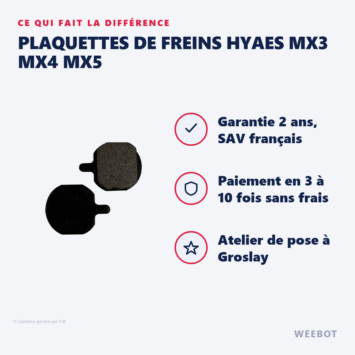 Plaquettes de Freins Hyaes MX3 MX4 MX5 pour Trottinette Électrique - Weebot