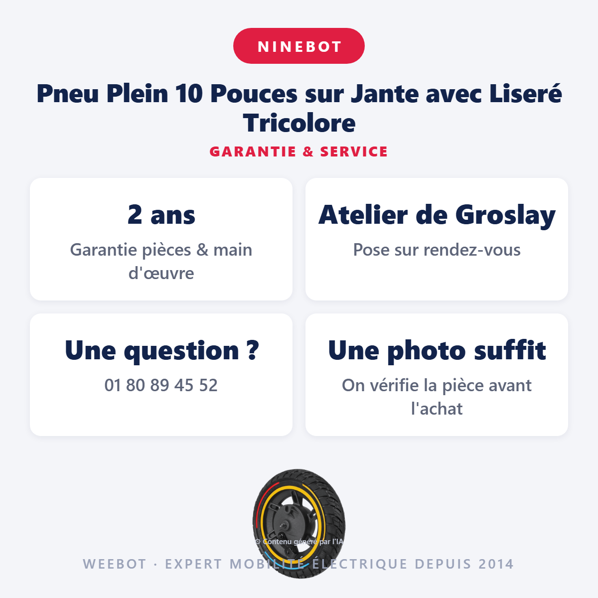Pneu Plein 10 Pouces sur Jante avec Liseré Tricolore : garantie 2 ans et service après-vente