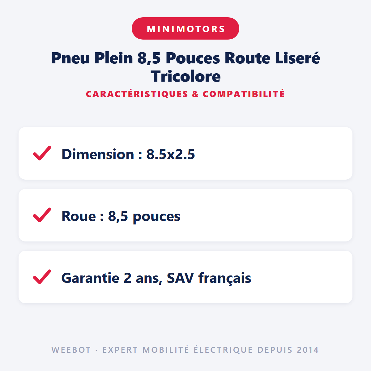 Pneu Plein 8,5 Pouces Route Liseré Tricolore : caractéristiques et compatibilité