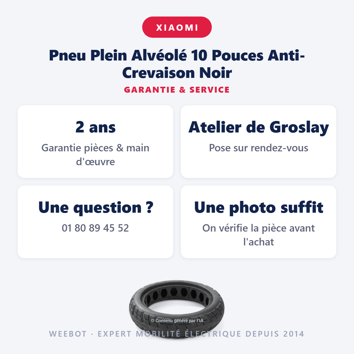 Pneu Plein Alvéolé 10 Pouces Anti-Crevaison Noir : garantie 2 ans et service après-vente