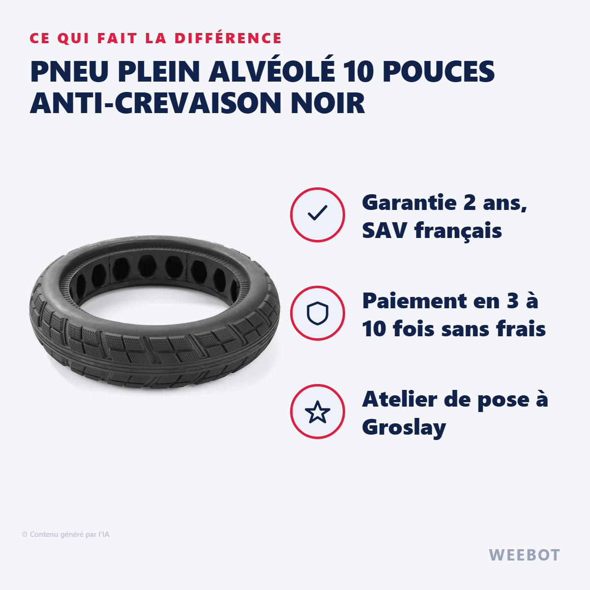 Pneu Plein Alvéolé 10 Pouces Anti-Crevaison Noir : les points forts
