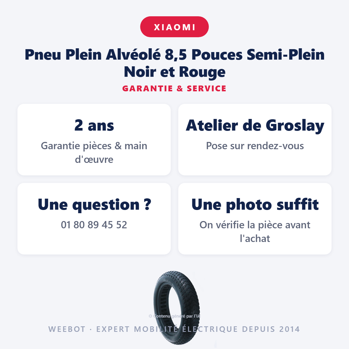 Pneu Plein Alvéolé 8,5 Pouces Semi-Plein Noir et Rouge : garantie 2 ans et service après-vente