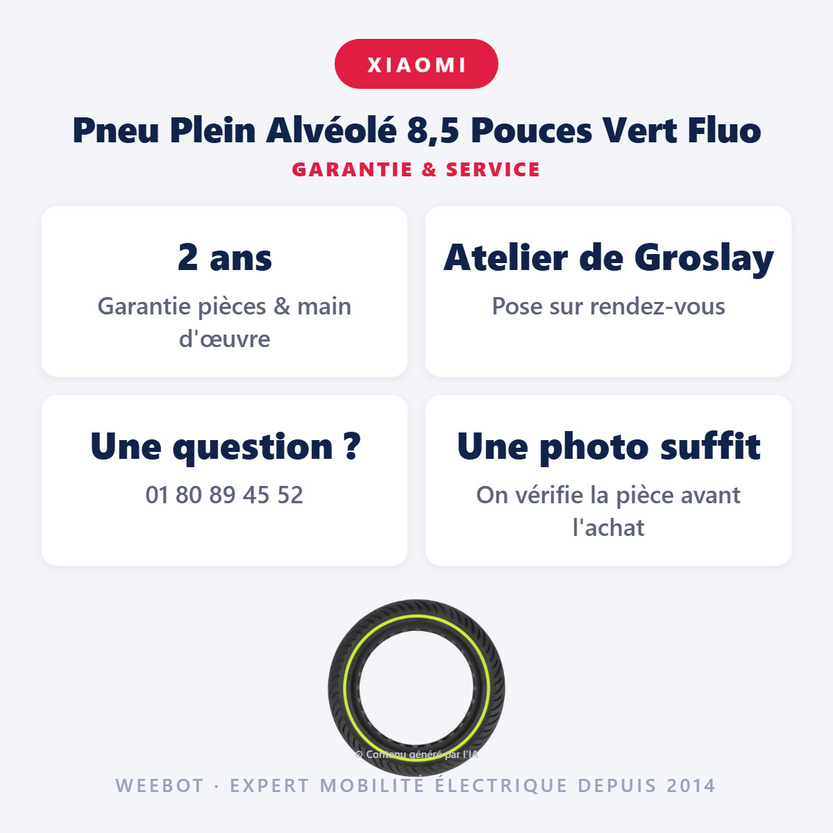 Pneu Plein Alvéolé 8,5 Pouces Vert Fluo : garantie 2 ans et service après-vente