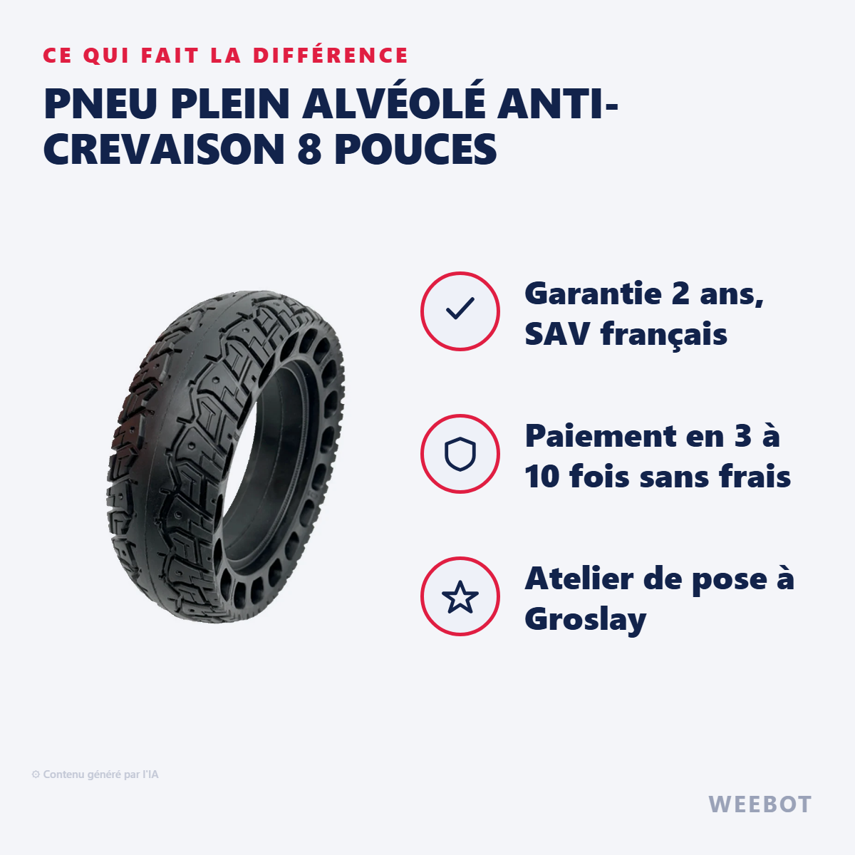 Pneu Plein Alvéolé Anti-Crevaison 8 Pouces : les points forts