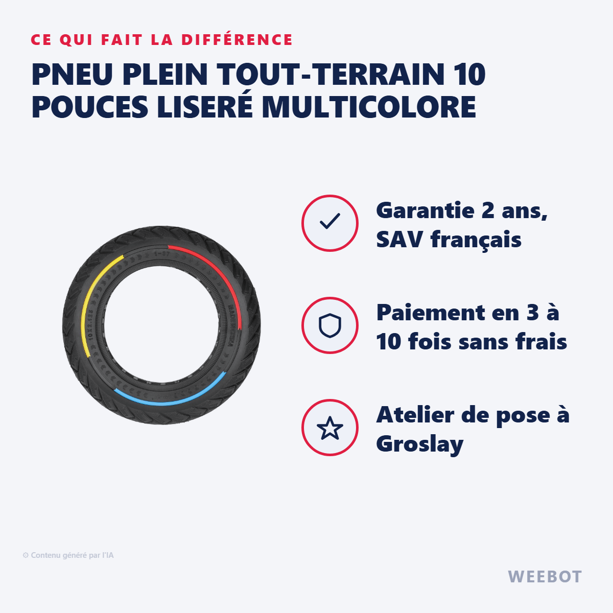 Pneu Plein Tout-Terrain 10 Pouces Liseré Multicolore : les points forts