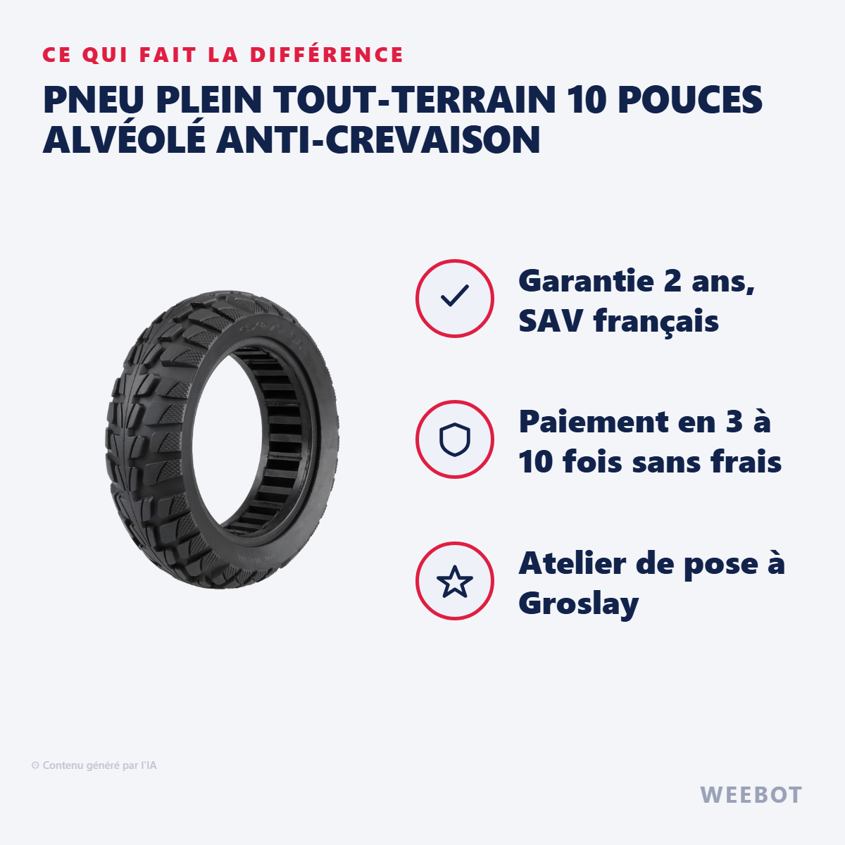 Pneu Plein Tout-Terrain 10 Pouces Alvéolé Anti-Crevaison : les points forts