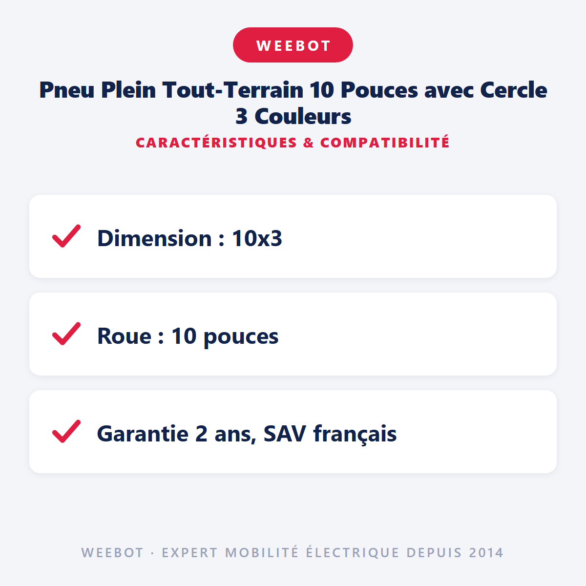 Pneu Plein Tout-Terrain 10 Pouces avec Cercle 3 Couleurs : caractéristiques et compatibilité