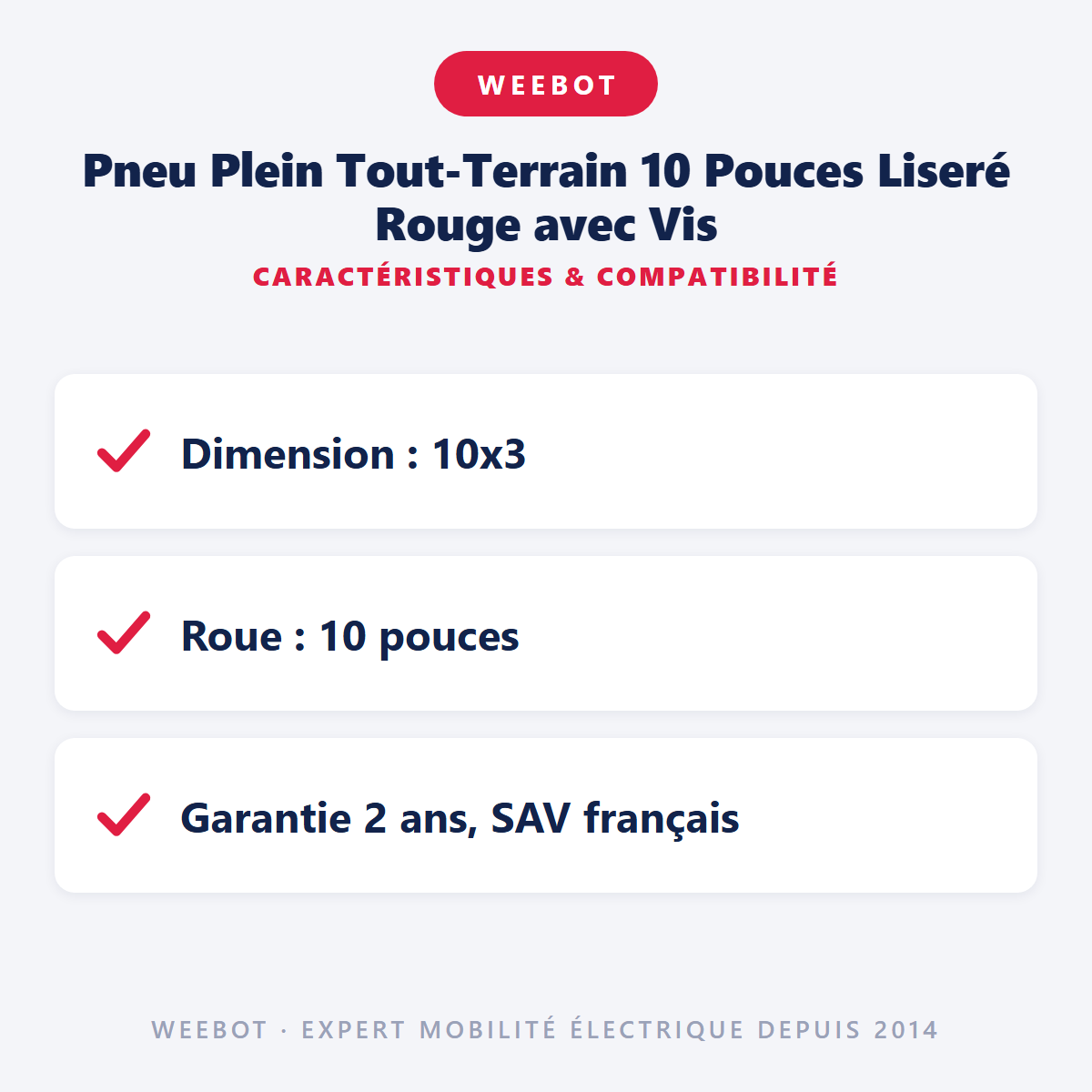 Pneu Plein Tout-Terrain 10 Pouces Liseré Rouge avec Vis : caractéristiques et compatibilité