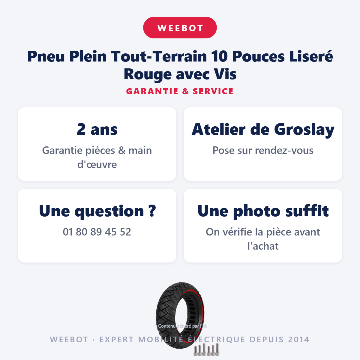 Pneu Plein Tout-Terrain 10 Pouces Liseré Rouge avec Vis : garantie 2 ans et service après-vente
