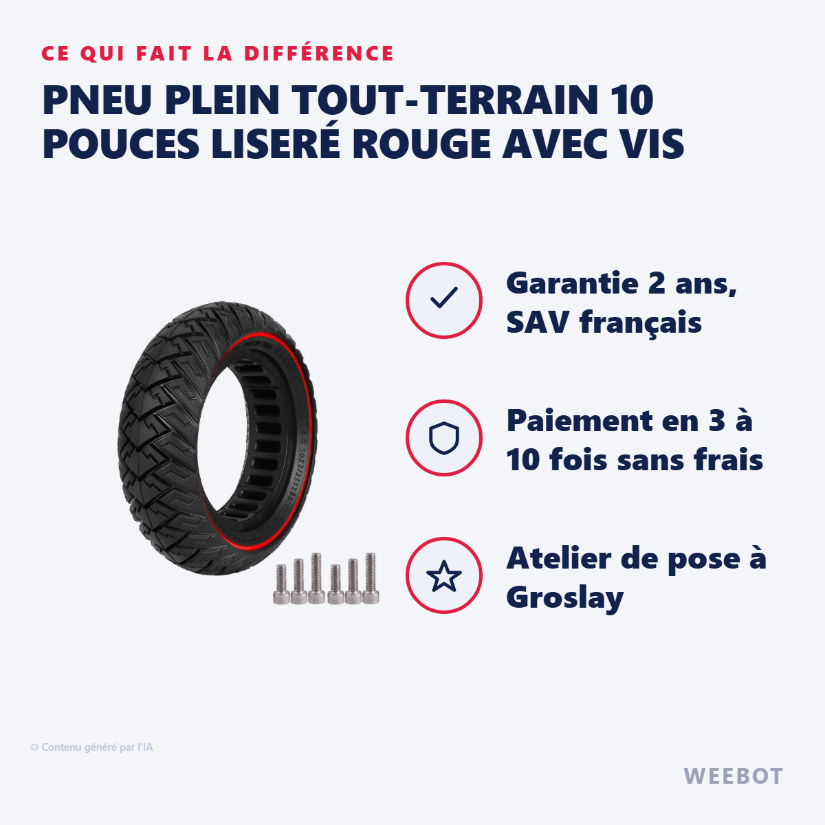 Pneu Plein Tout-Terrain 10 Pouces Liseré Rouge avec Vis : les points forts