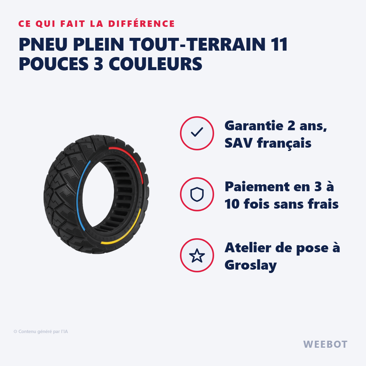 Pneu Plein Tout-Terrain 11 Pouces 3 Couleurs : les points forts