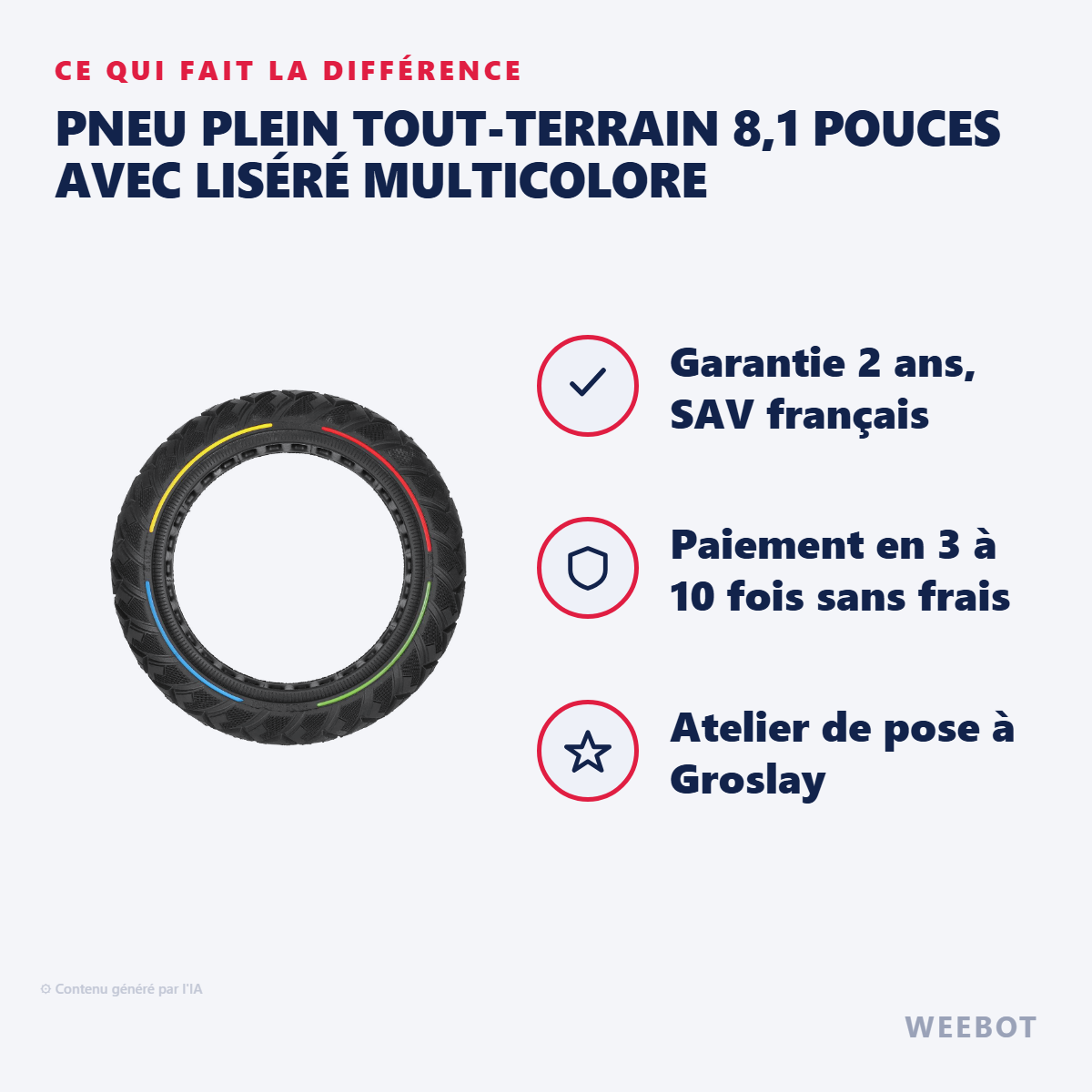 Pneu Plein Tout-Terrain 8,1 Pouces avec Liséré Multicolore : les points forts