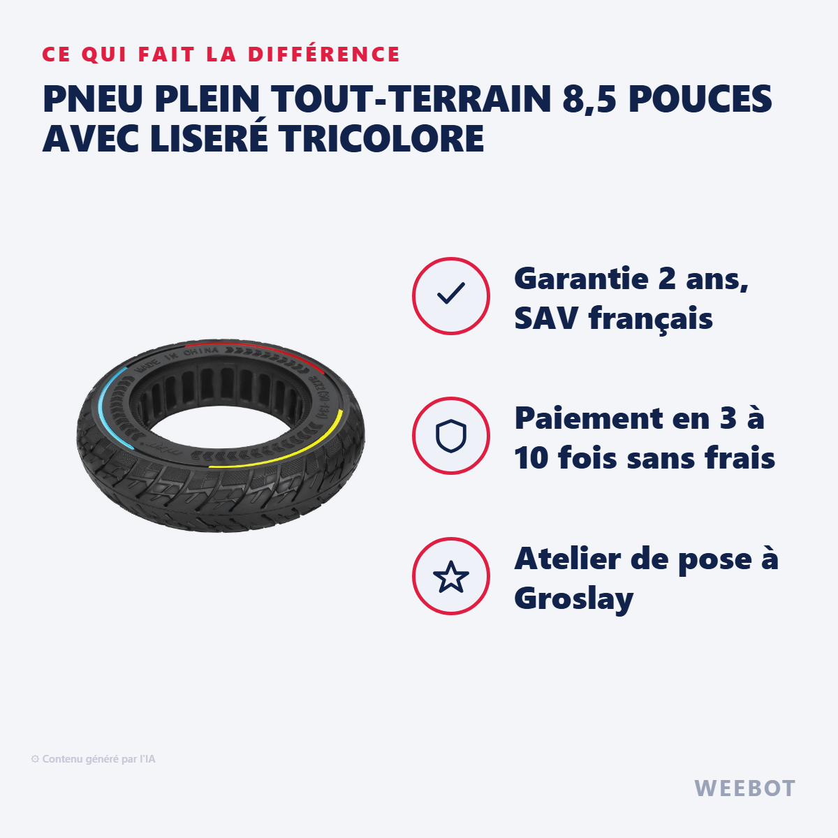Pneu Plein Tout-Terrain 8,5 Pouces avec Liseré Tricolore : les points forts
