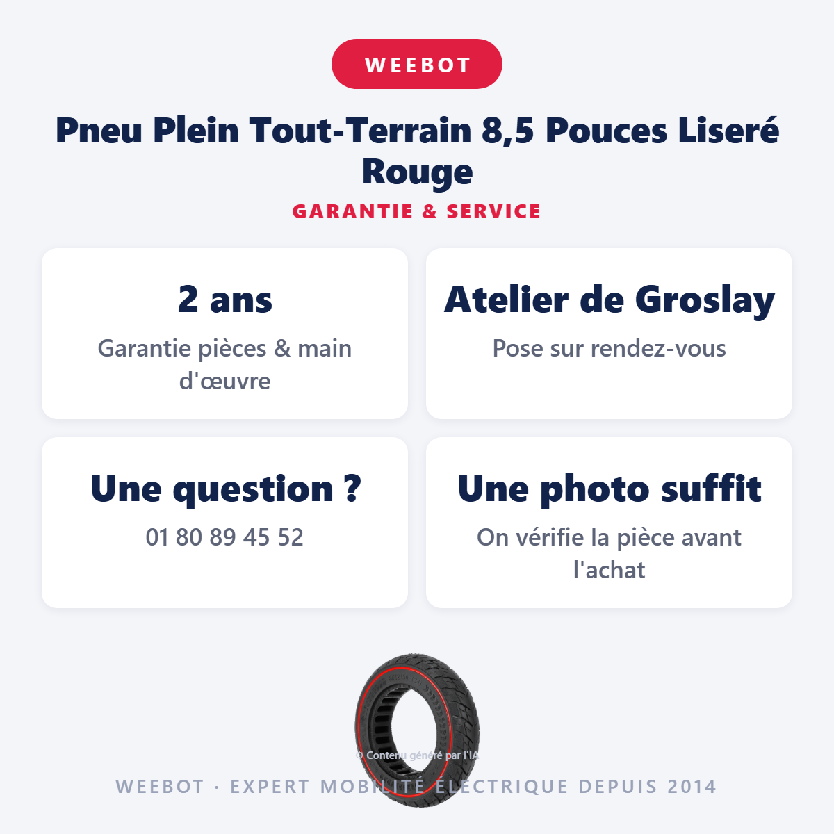 Pneu Plein Tout-Terrain 8,5 Pouces Liseré Rouge : garantie 2 ans et service après-vente