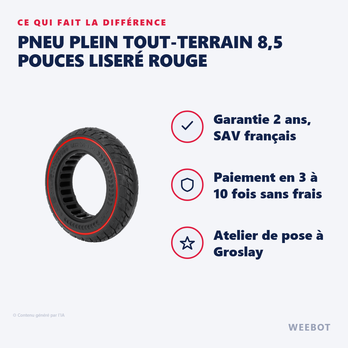 Pneu Plein Tout-Terrain 8,5 Pouces Liseré Rouge : les points forts