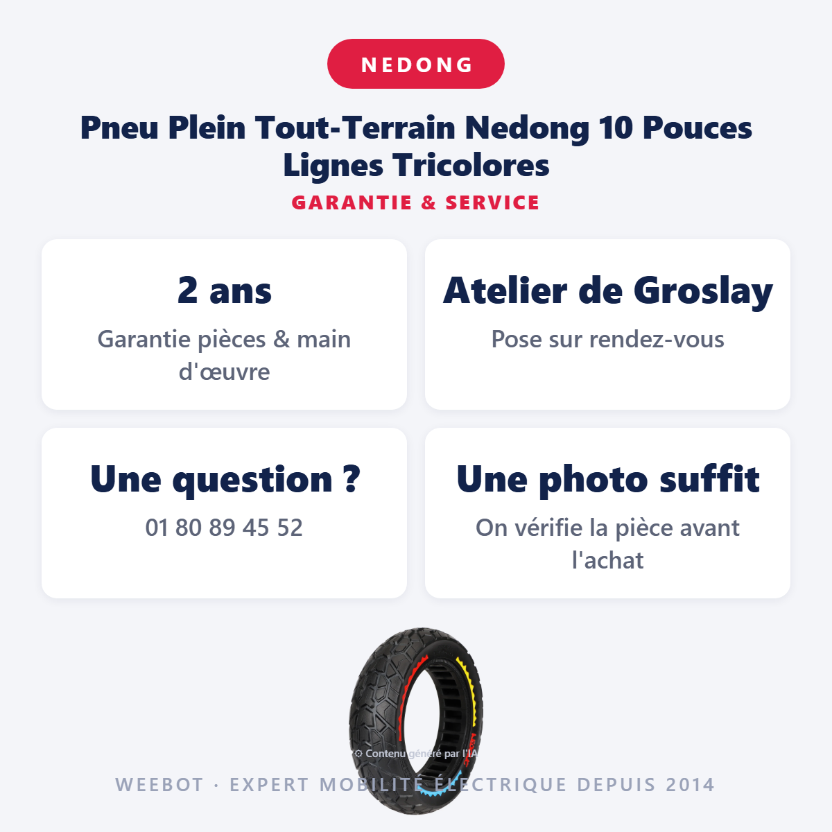 Pneu Plein Tout-Terrain Nedong 10 Pouces Lignes Tricolores : garantie 2 ans et service après-vente
