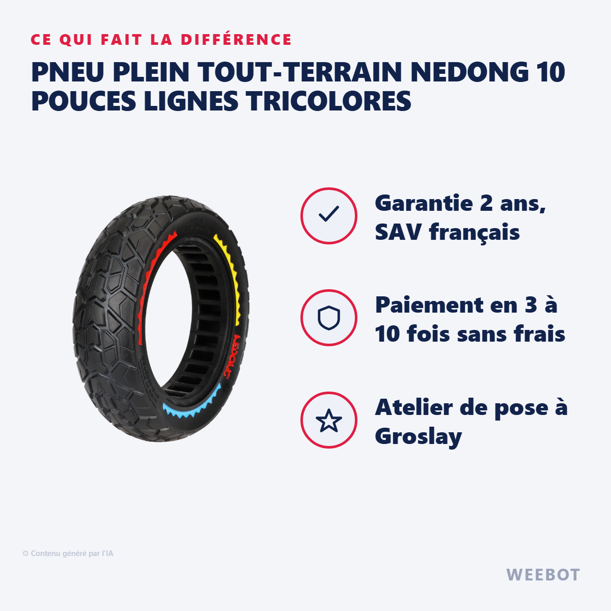 Pneu Plein Tout-Terrain Nedong 10 Pouces Lignes Tricolores : les points forts