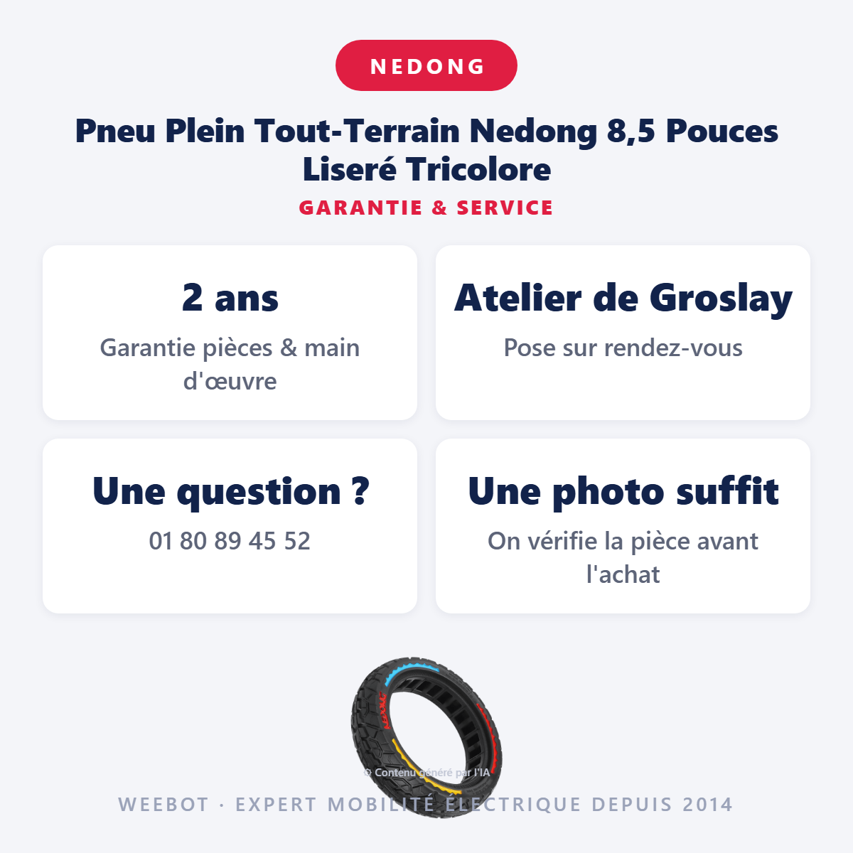 Pneu Plein Tout-Terrain Nedong 8,5 Pouces Liseré Tricolore : garantie 2 ans et service après-vente