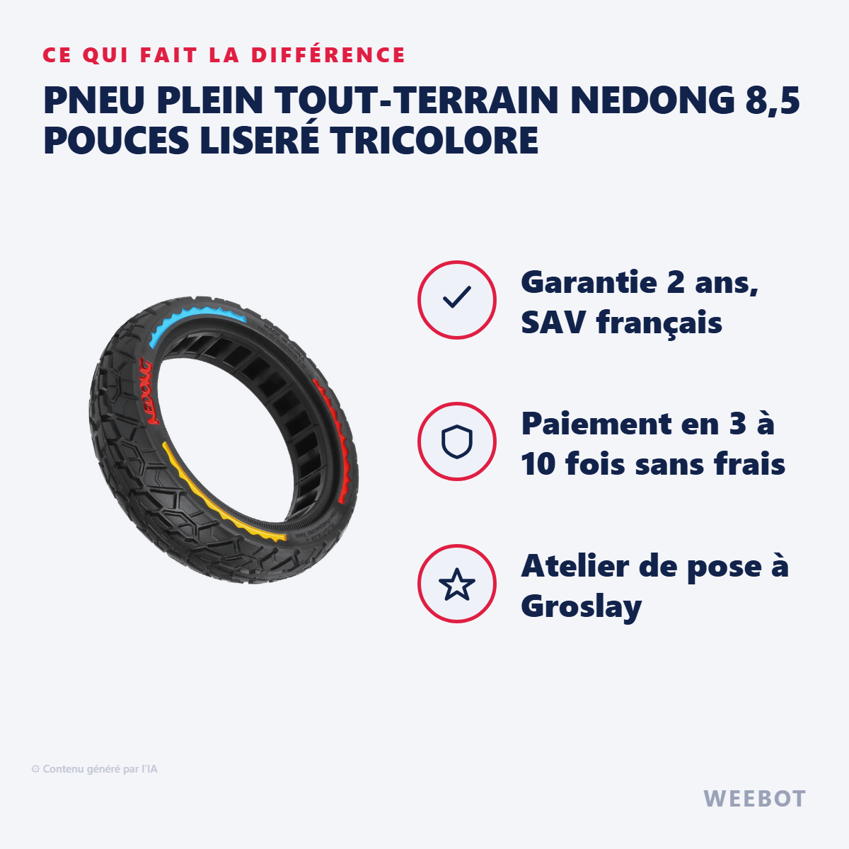 Pneu Plein Tout-Terrain Nedong 8,5 Pouces Liseré Tricolore : les points forts