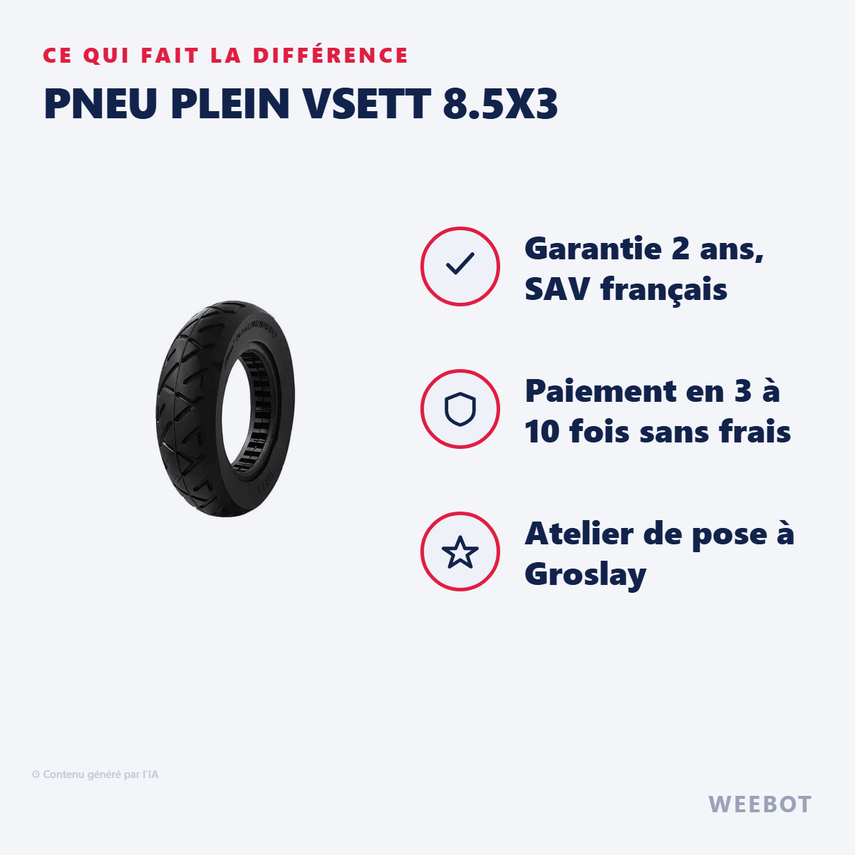 Pneu Plein Vsett 8.5x3 pour Trottinette Électrique Vsett 8(Av), Vsett 9 (Av&Ar) Et Kukirin G2 Pro - Weebot