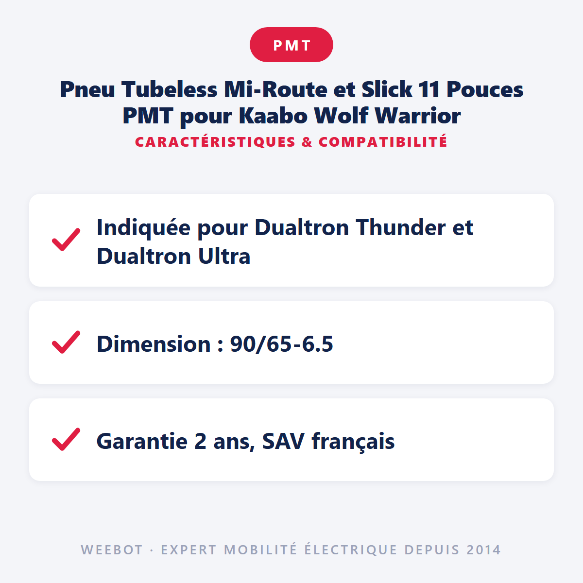 Pneu Tubeless Mi-Route et Slick 11 Pouces PMT  pour Kaabo Wolf Warrior : caractéristiques et compatibilité