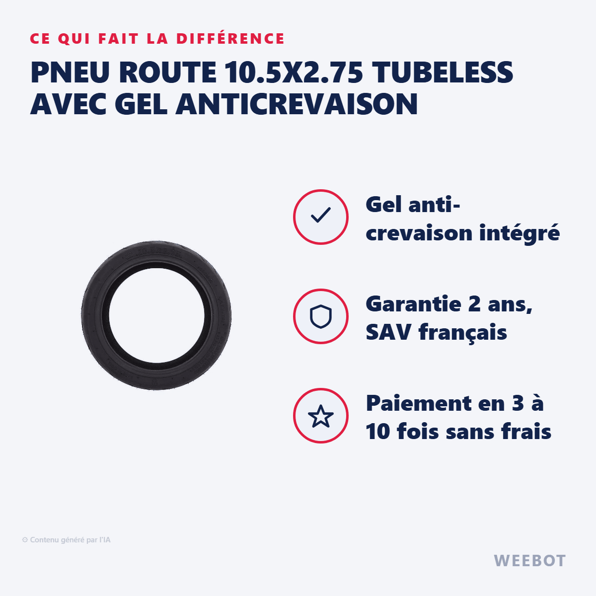 Pneu Route 10.5x2.75 Tubeless avec Gel Anticrevaison pour Trottinette Électrique Ninebot P65 P100 - Weebot