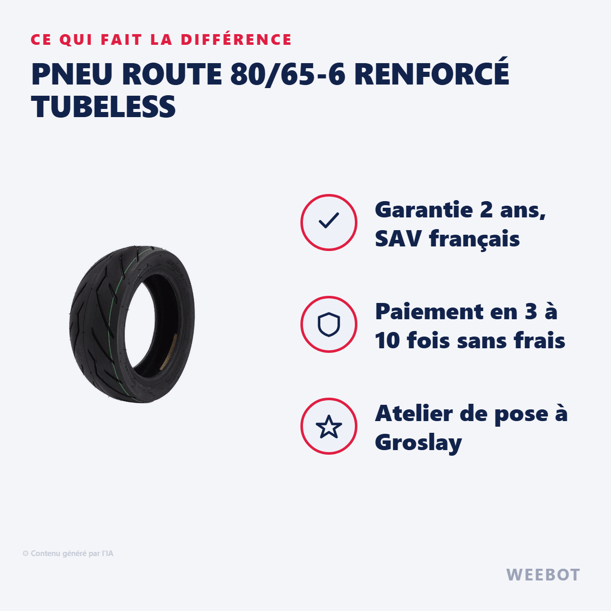 Pneu Route 80/65-6 Renforcé Tubeless pour Trottinette Électrique - Weebot