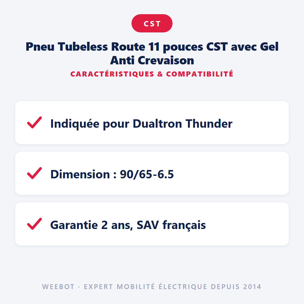 Pneu Tubeless Route 11 pouces (90/65 - 6,5) CST avec Gel Anti Crevaison pour Trottinette Électrique Dualtron Thunder (Zero, Nami, Teverun, Kaabo...) - Weebot