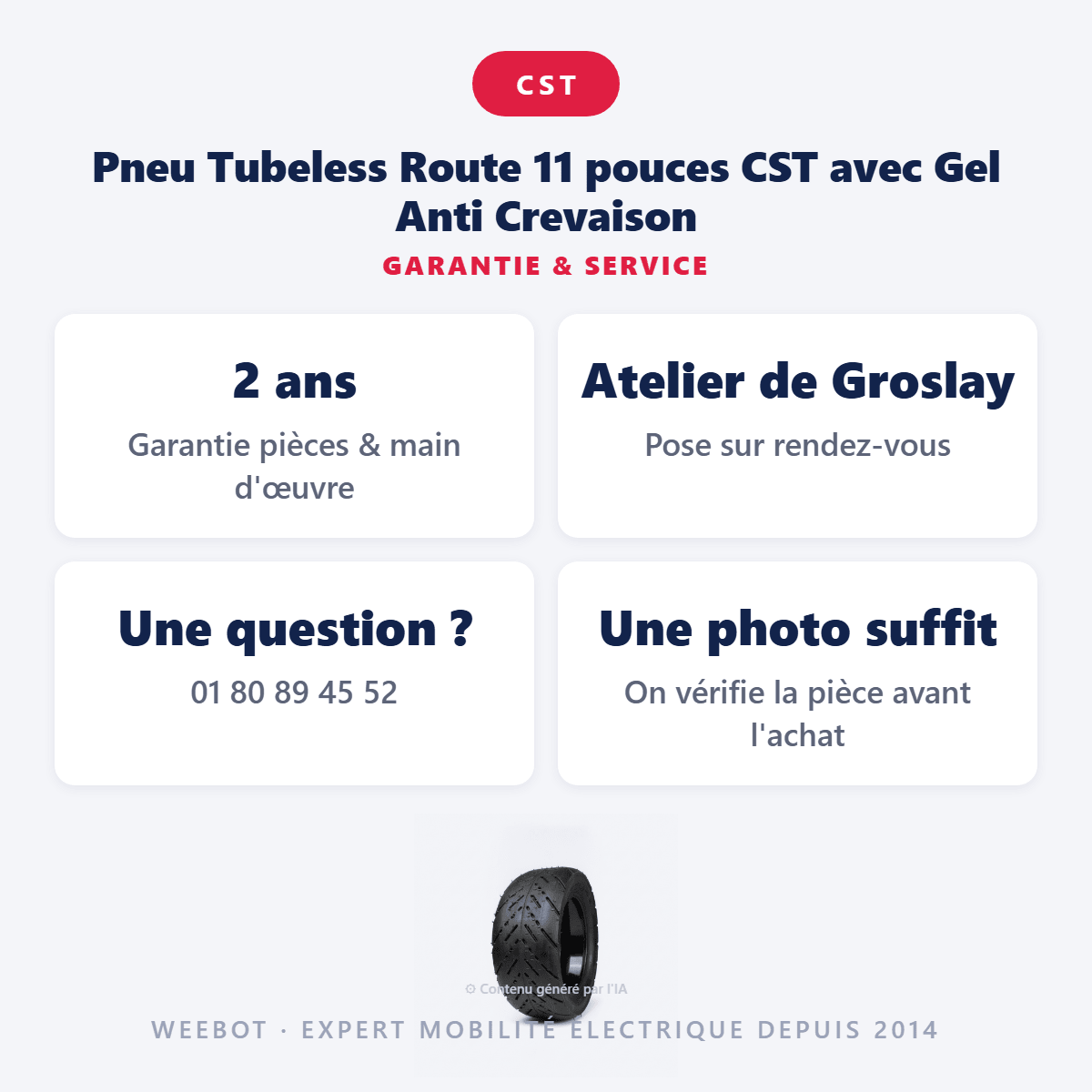 Pneu Tubeless Route 11 pouces (90/65 - 6,5) CST avec Gel Anti Crevaison pour Trottinette Électrique Dualtron Thunder (Zero, Nami, Teverun, Kaabo...) - Weebot