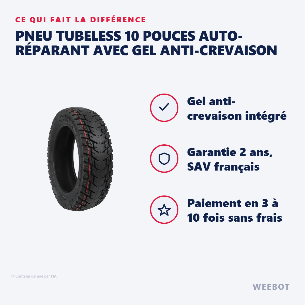 Pneu Tubeless 10 Pouces Auto-Réparant avec Gel Anti-Crevaison : les points forts