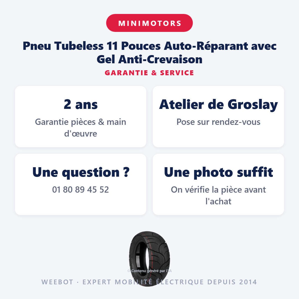 Pneu Tubeless 11 Pouces Auto-Réparant avec Gel Anti-Crevaison : garantie 2 ans et service après-vente