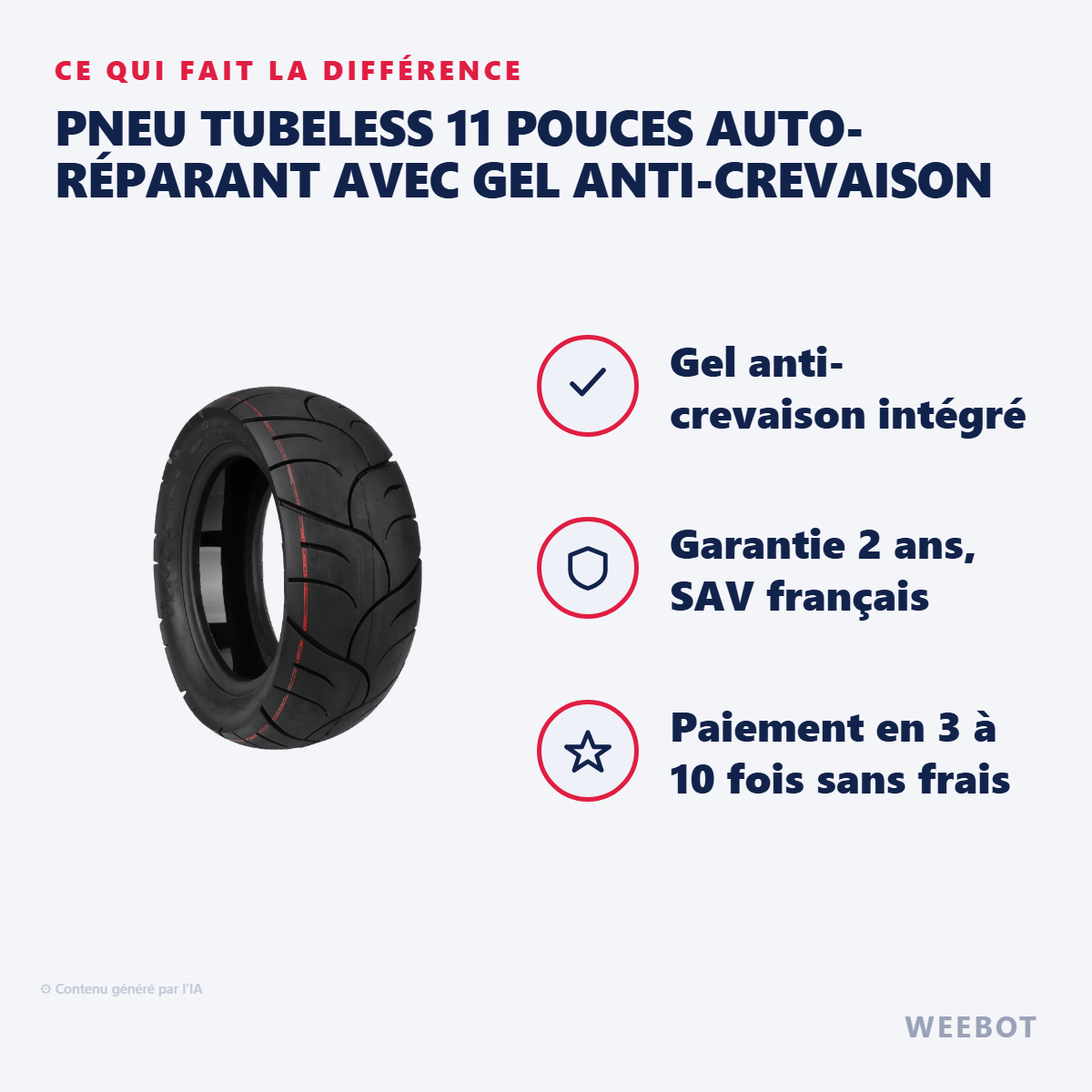 Pneu Tubeless 11 Pouces Auto-Réparant avec Gel Anti-Crevaison : les points forts