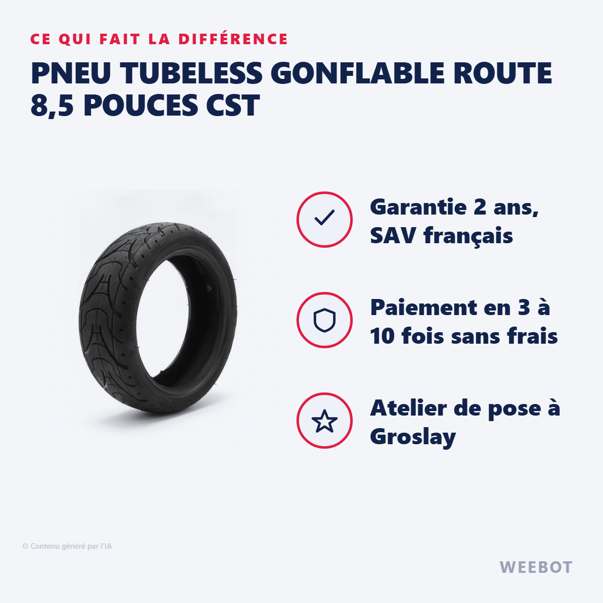 Pneu Tubeless Gonflable Route 8,5 pouces (8.5x3 /70/50-6.1) CST pour Trottinette Électrique Dualtron (Popular,Togo, Aminia, Mini) - Weebot