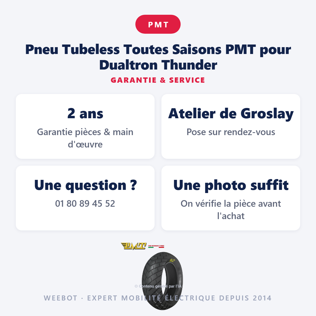 Pneu Tubeless Toutes Saisons PMT pour Dualtron Thunder : garantie 2 ans et service après-vente