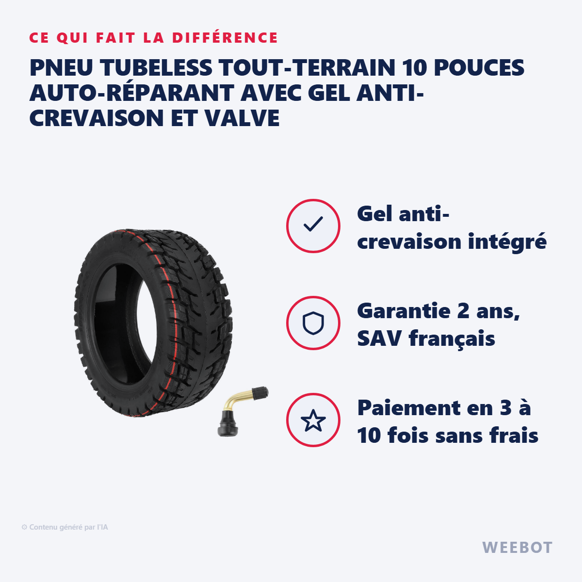 Pneu Tubeless Tout-Terrain 10 Pouces Auto-Réparant avec Gel Anti-Crevaison et Valve : les points forts