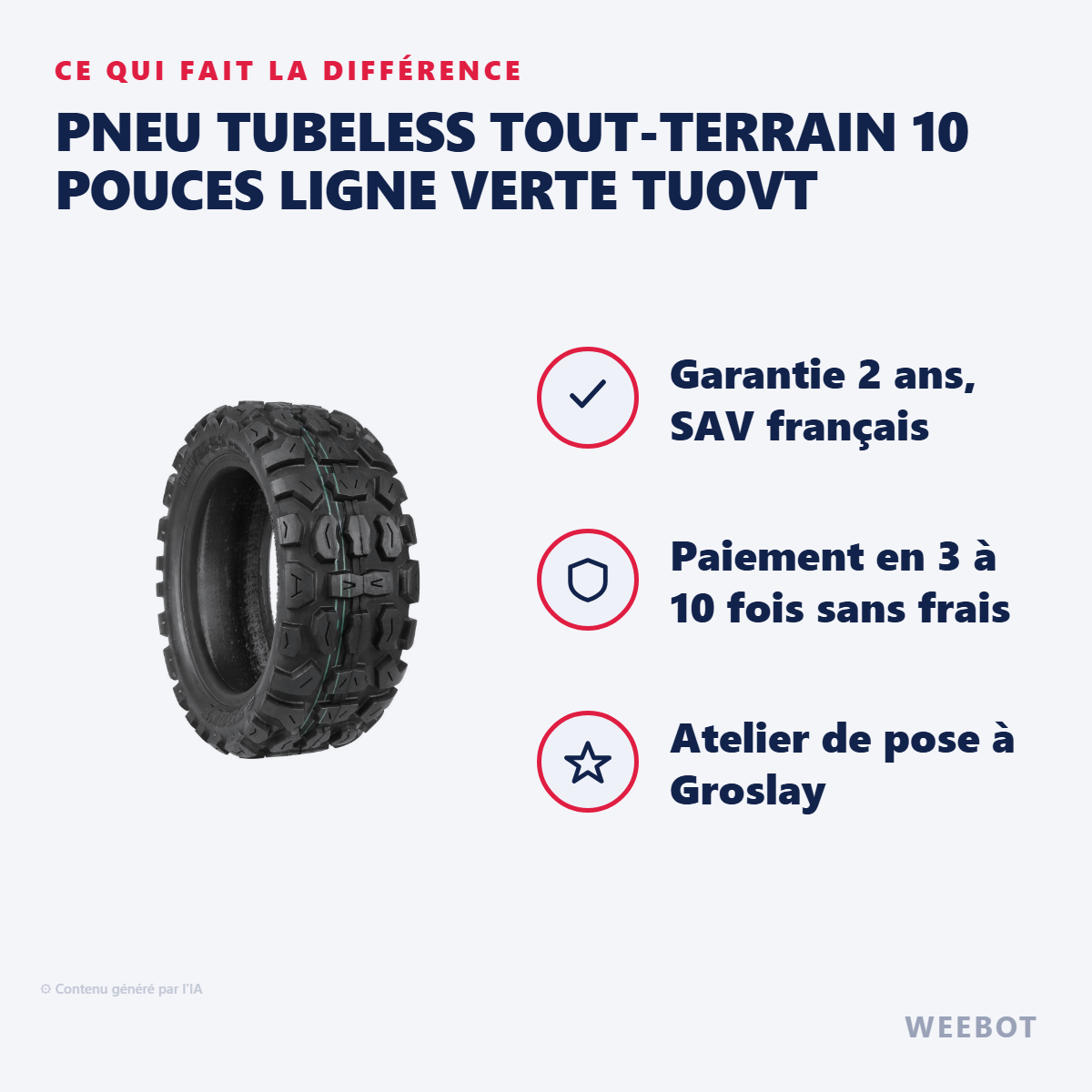 Pneu Tubeless Tout-Terrain 10 Pouces Ligne Verte Tuovt : les points forts