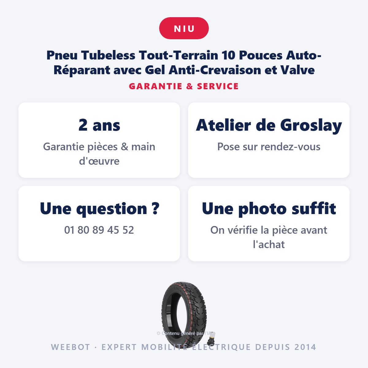 Pneu Tubeless Tout-Terrain 10 Pouces Auto-Réparant avec Gel Anti-Crevaison et Valve : garantie 2 ans et service après-vente