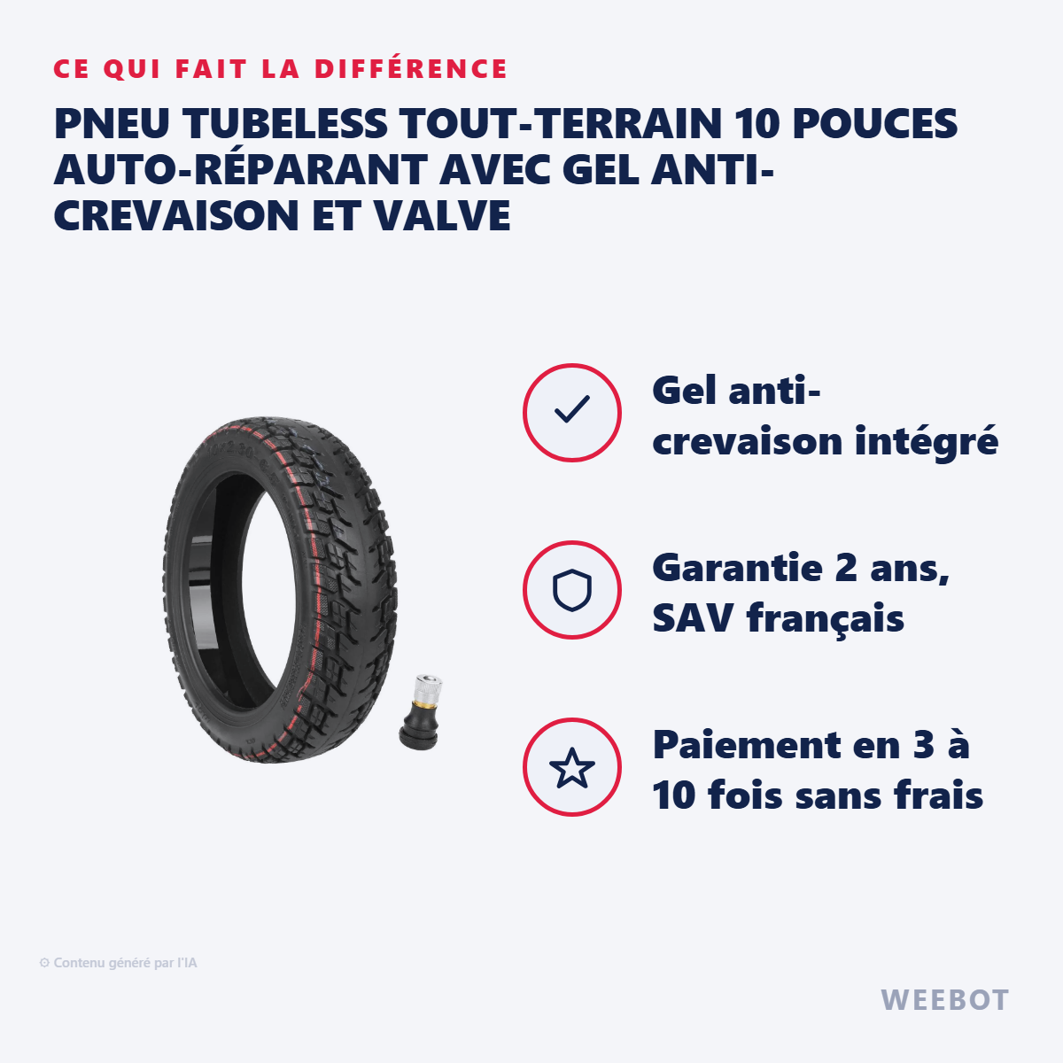 Pneu Tubeless Tout-Terrain 10 Pouces Auto-Réparant avec Gel Anti-Crevaison et Valve : les points forts
