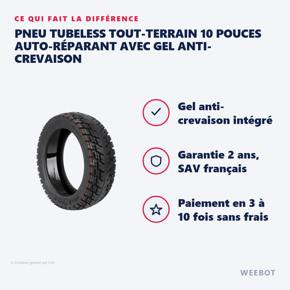 Pneu Tubeless Tout-Terrain 10 Pouces Auto-Réparant avec Gel Anti-Crevaison : les points forts