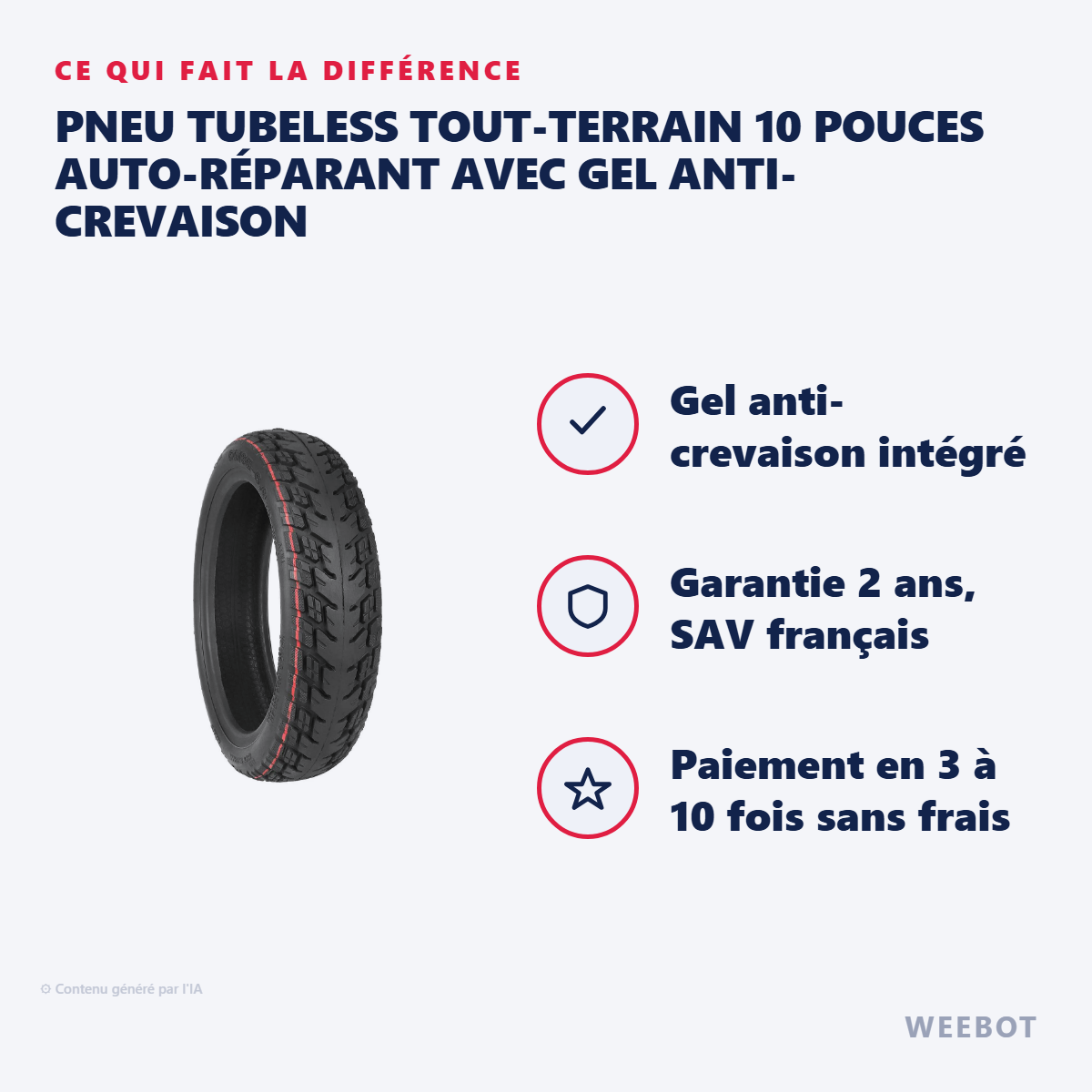 Pneu Tubeless Tout-Terrain 10 Pouces Auto-Réparant avec Gel Anti-Crevaison : les points forts