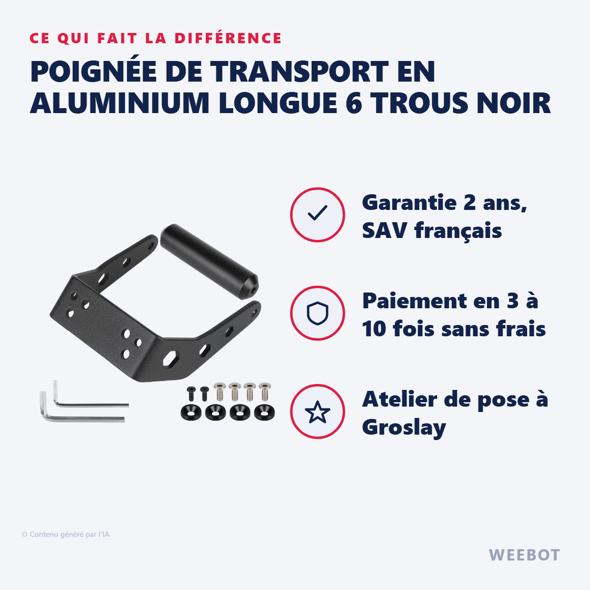 Poignée de Transport en Aluminium Longue 6 Trous Noir : les points forts