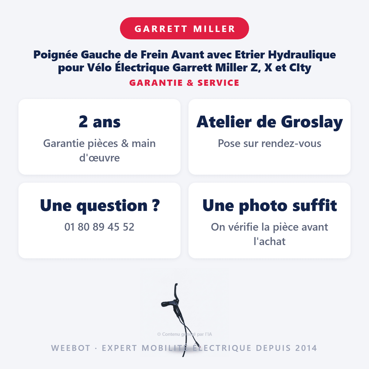 Poignée Gauche de Frein Avant avec Etrier Hydraulique pour Vélo Électrique Garrett Miller Z, X et CIty - Weebot