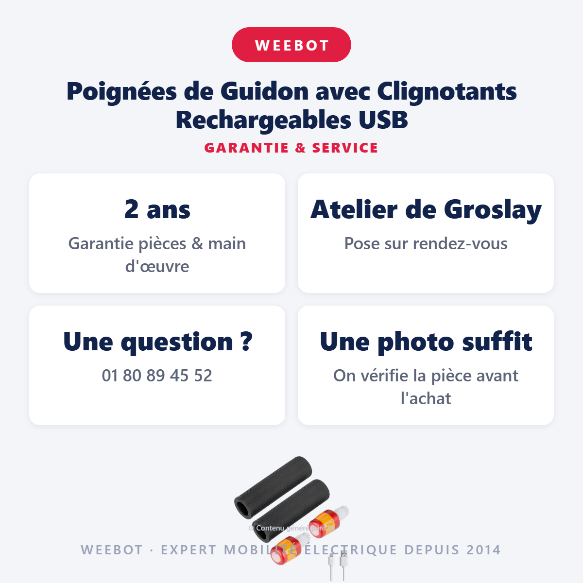 Poignées de Guidon avec Clignotants Rechargeables USB : garantie 2 ans et service après-vente