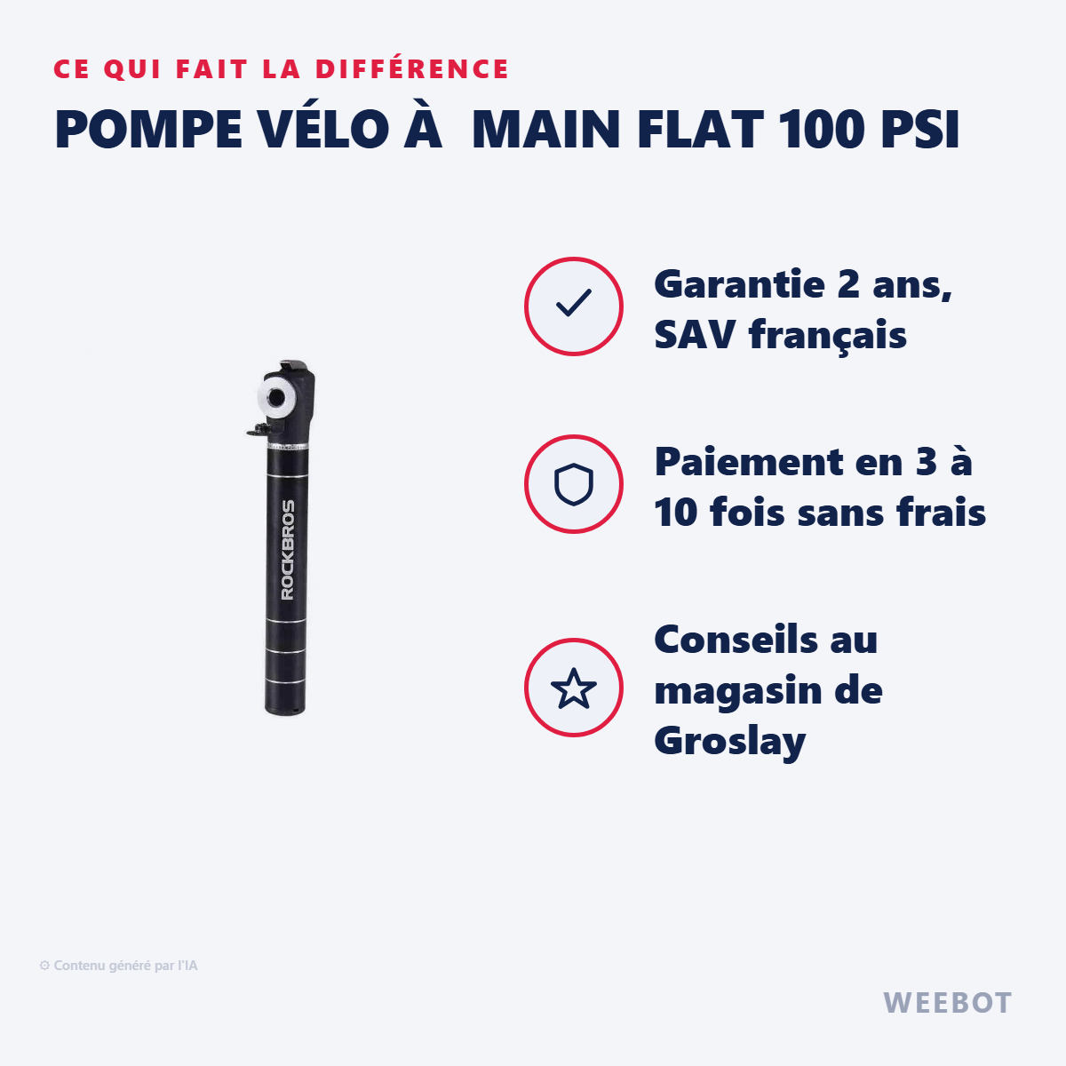 Pompe vélo à  Main Flat 100 PSI : les points forts